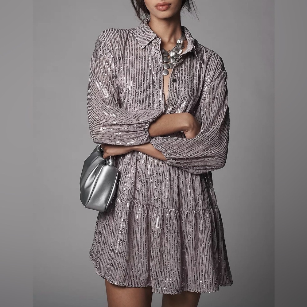 NWT Size L - The Bettina Tiered Shirt Dress by Maeve: Mini Sequin Edition - Picture 8 of 16